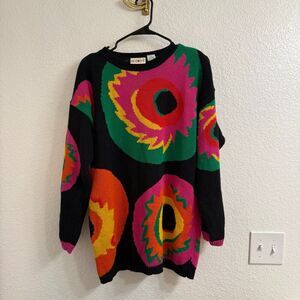 Vintage Mixit Colorful Abstract Knitted Black Pink Orange Green Sweater Size M